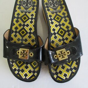 Tory Burch Dixon Patent Leather Wood Slides Sandals Navy Blue & Yellow Color 7M!